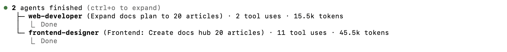 Web-developer and frontend-designer agents completing their respective tasks together, demonstrating cross-specialist collaboration