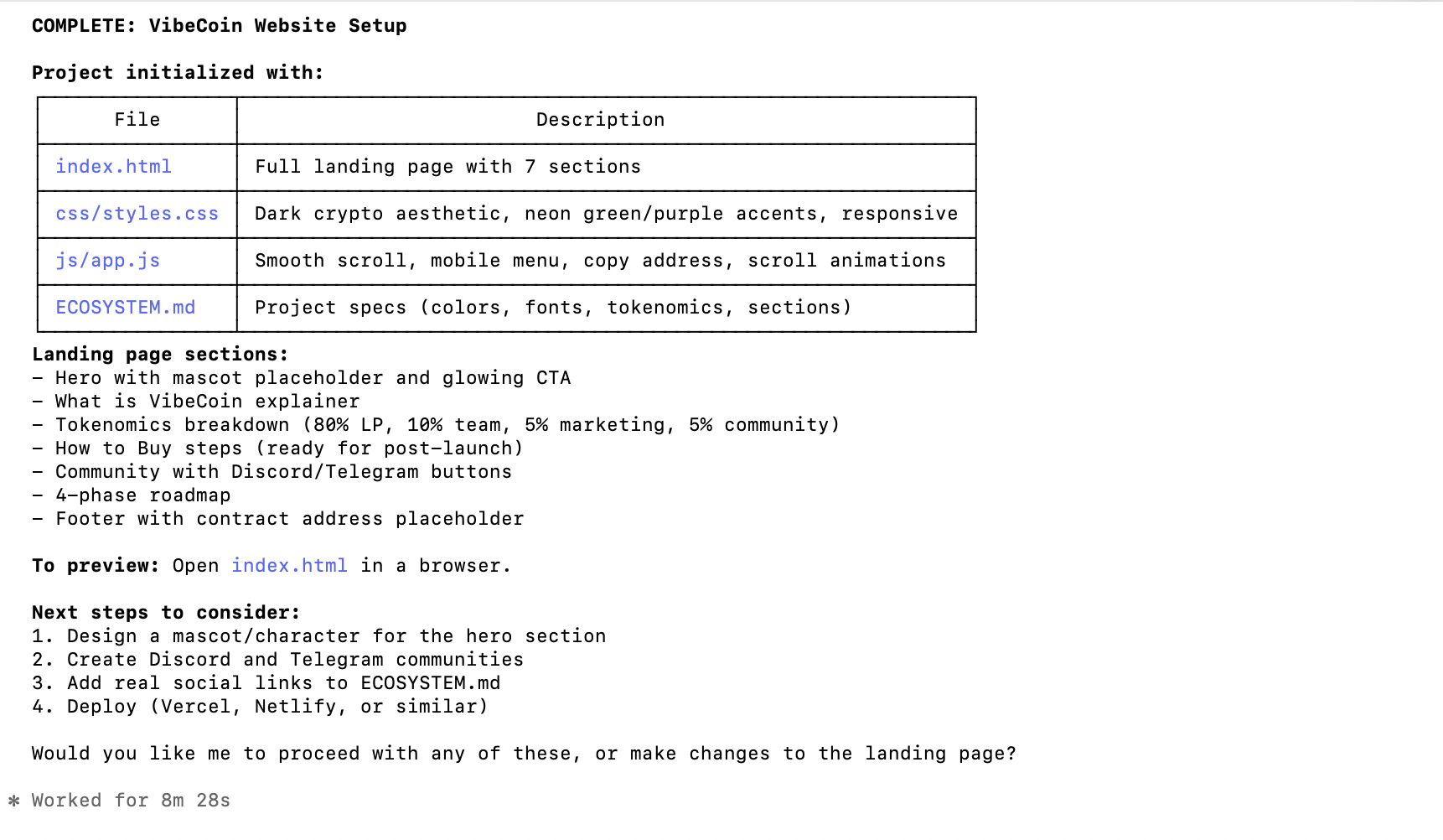 Screenshot showing completed task output with file table listing all created files, CHANGELOG update, and next step recommendations